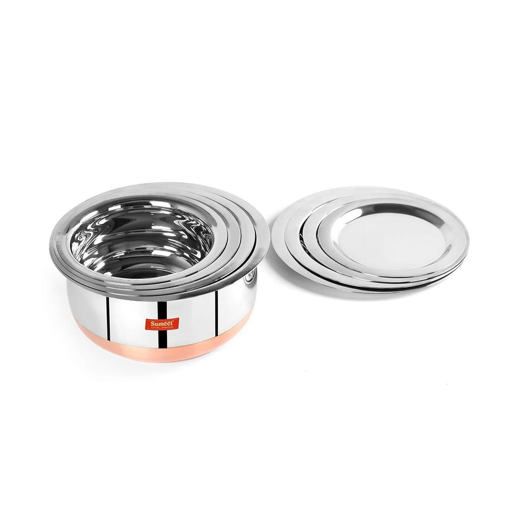 Stainless Steel Copper Bottom Belly Shape 4 Pc Tope/Cookware/Pot Set with Lid 380ML, 500ML, 780ML, 1.1Ltr, (Silver)