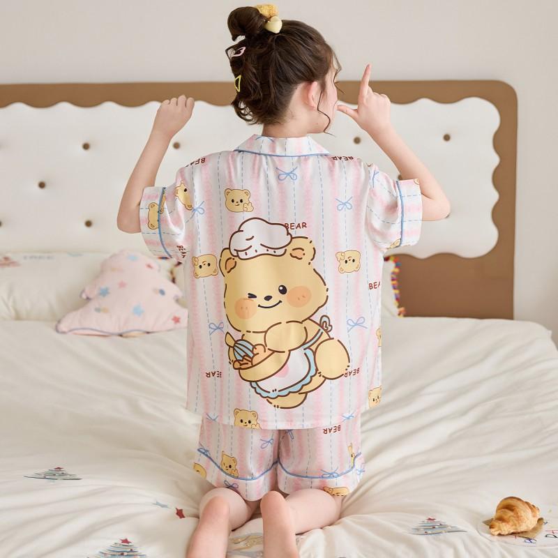 Girls Ice Silk Pajama Set Short Sleeve Cartoon Print Sleepwear Kids 8 Years