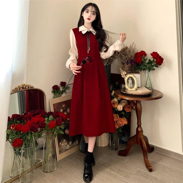 2026 new dress college style long-sleeved retro Mori skirt temperament thin French long dress women's clothing autumn and winter