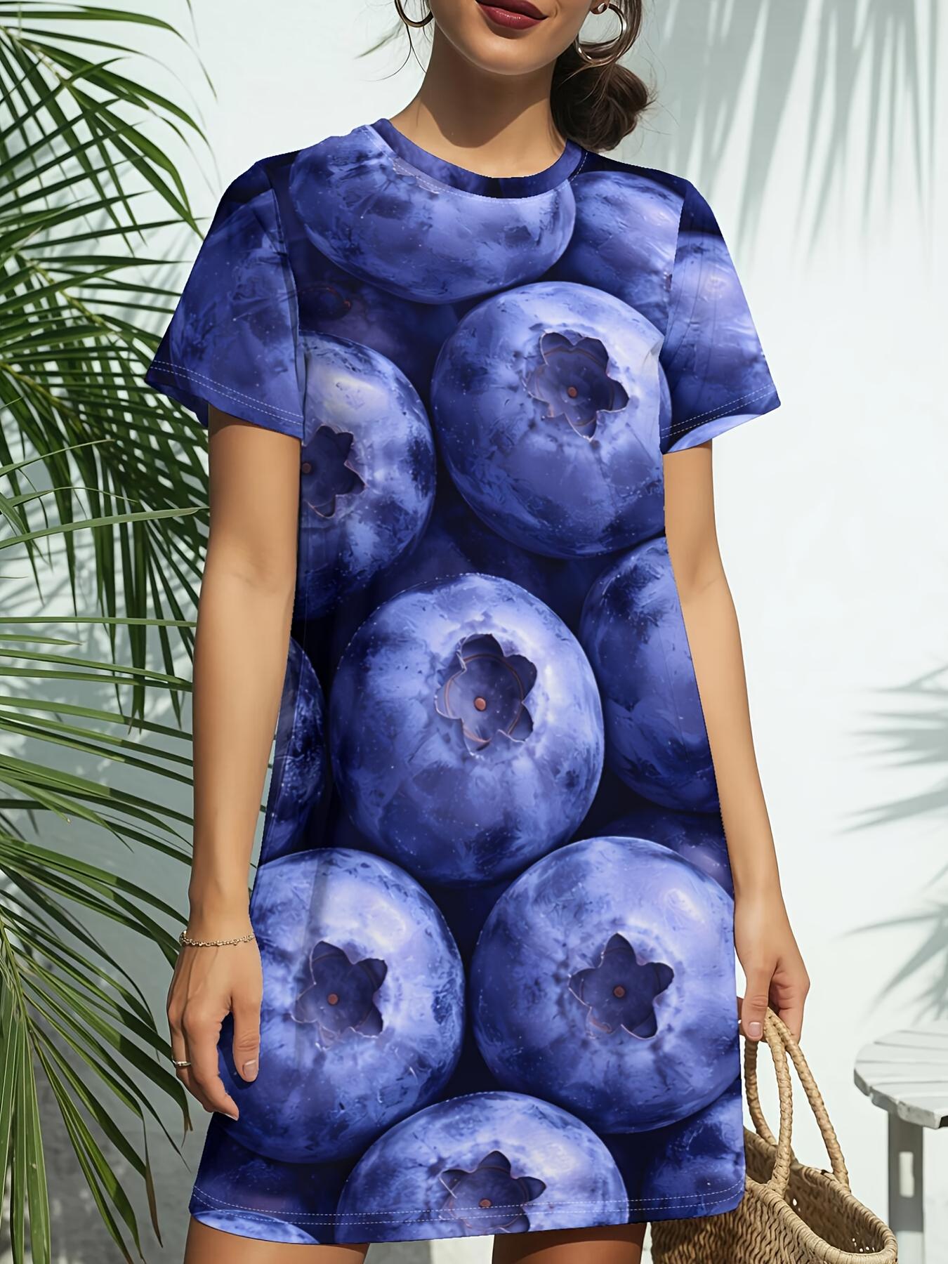 

Blueberry Fruit New Women S Round Neck Short Sleeve T-Shirt Dress. American Style Trendy Digital Print. Casual And Versatile for Spring And Summer. El 9XL дубильна кора
