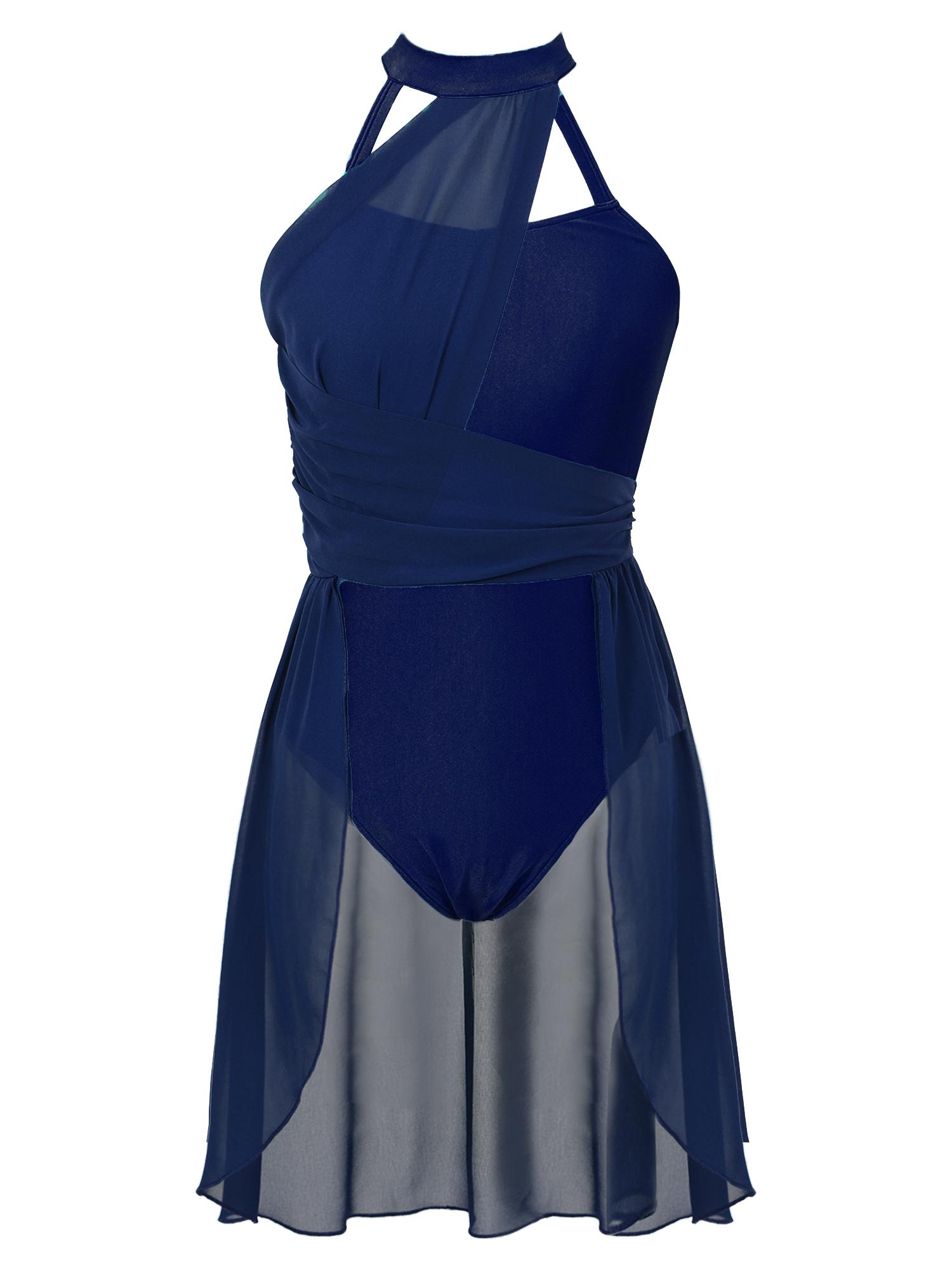 Inhzoy Dames Lyrisch Dansjurk Gerimpeld Chiffon Design Strappy Rugdetail Mouwloze Turnpakje Performancekleding M marineblauwe kleur