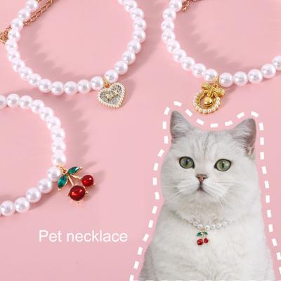 Colar de Gato Elegante Chamativo Exquisito Pingente de Cereja Gato de Estimação Cão Colar de Pérola Falsa Suprimento para Animais de Estimação