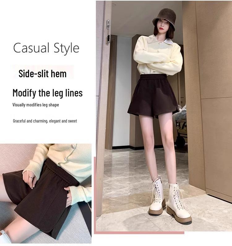 Women's Elastic High Waist Woolen A-Line Casual Shorts, Loose Fit, Autumn/Winter, Black.