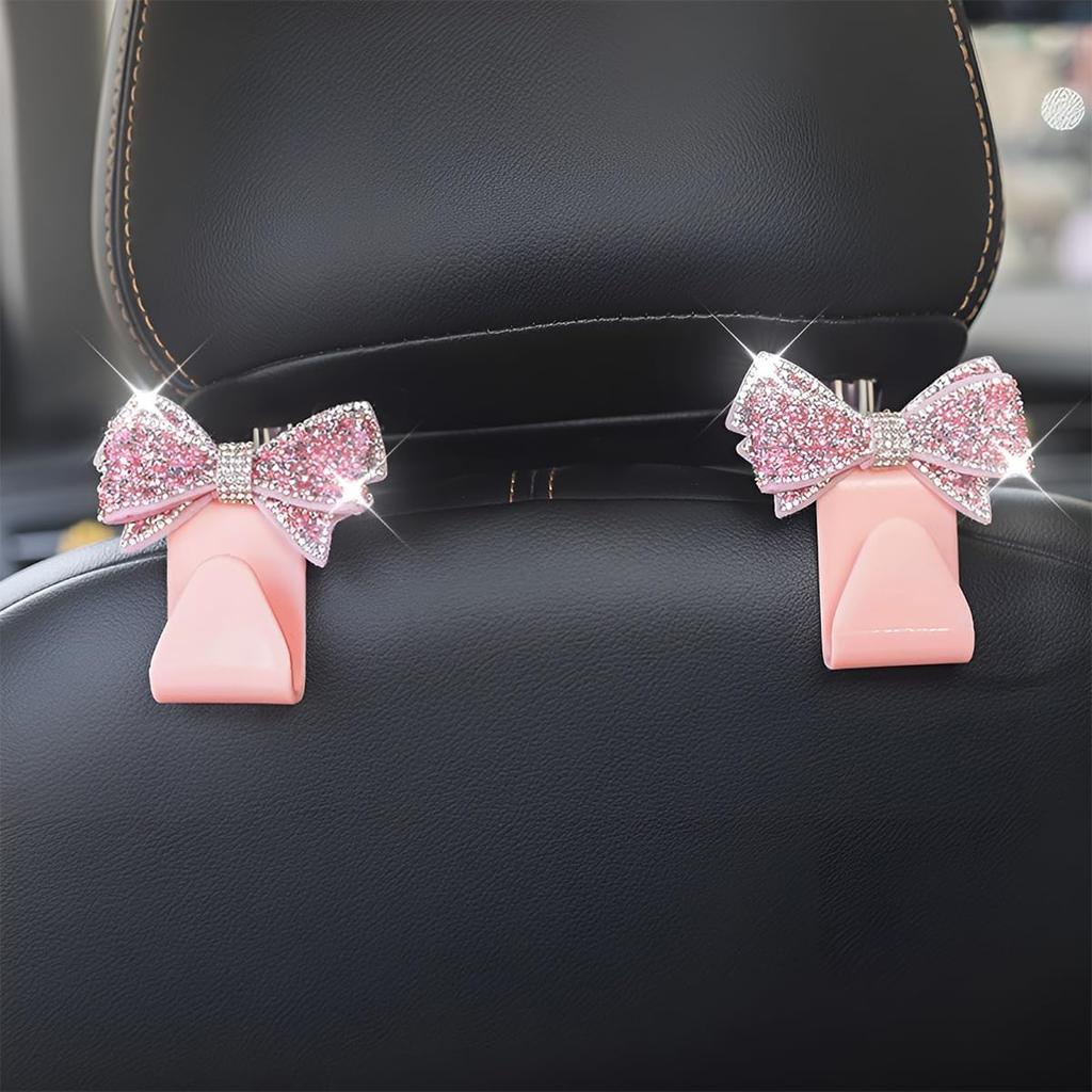 Bling Car Headreat Hook, 2PCS Crystal Rhinestone Cute Bow Vehicle Seat Back Hanger Storage For Purses Bags Grocery, Diamond Auto Rear Seat Organizer,