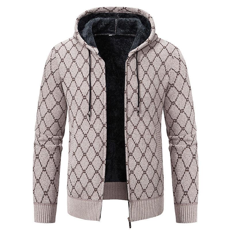 Winter Men's Cardigan Sweater with Thick Velvet and Loose Casual Hooded Knitted Jacket for Outerwear