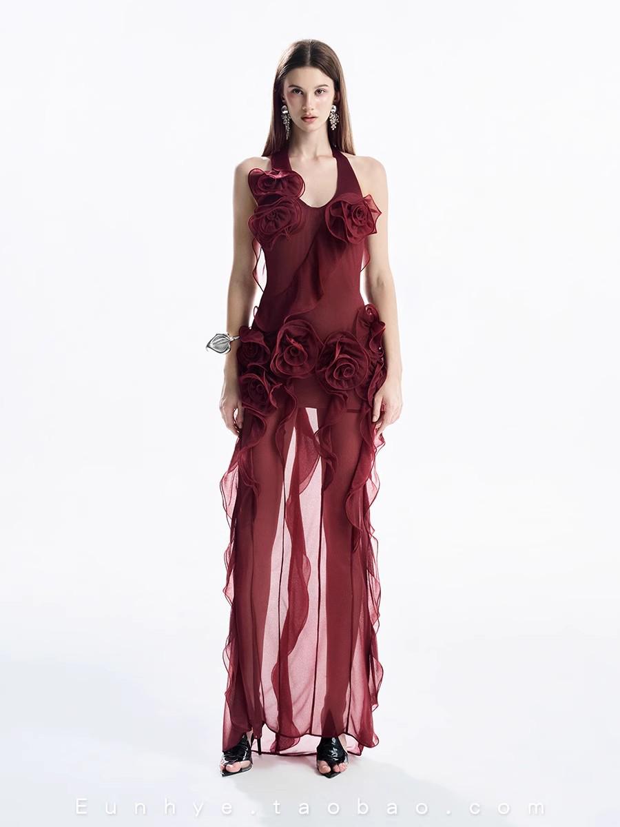 2025 Summer New Arrival: Wine Red Floral Halterneck Long French Dress L вино красного