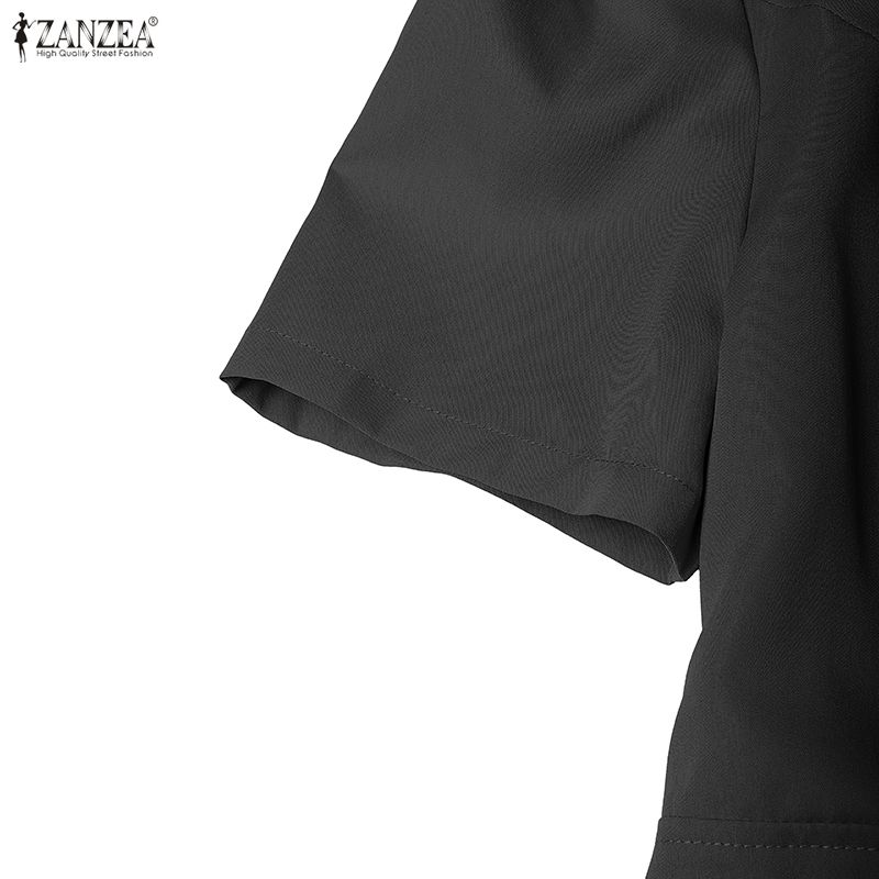 ZANZEA Women Casual Turn Down Collar Solid Color Short Sleeve Dress