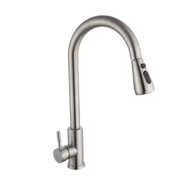 Modern Single-hole Single-handle 304 Stainless Steel Pull-down Kitchen Faucet Ceramic Valve Core (as the picture,Stainless Steel)