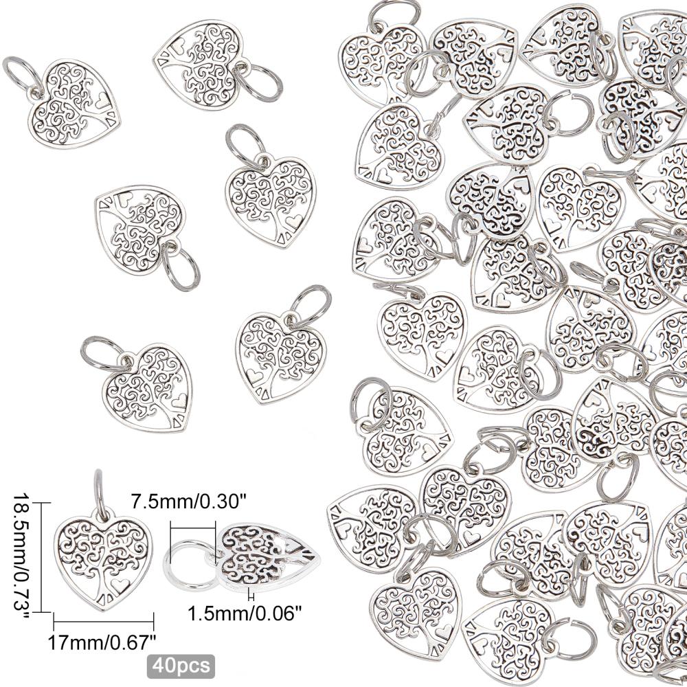 40Pcs Tibetan Style Alloy Pendants Hollow Heart Charms with Tree Antique Silver 18.5x17x1.5mm Hole: 7.5mm