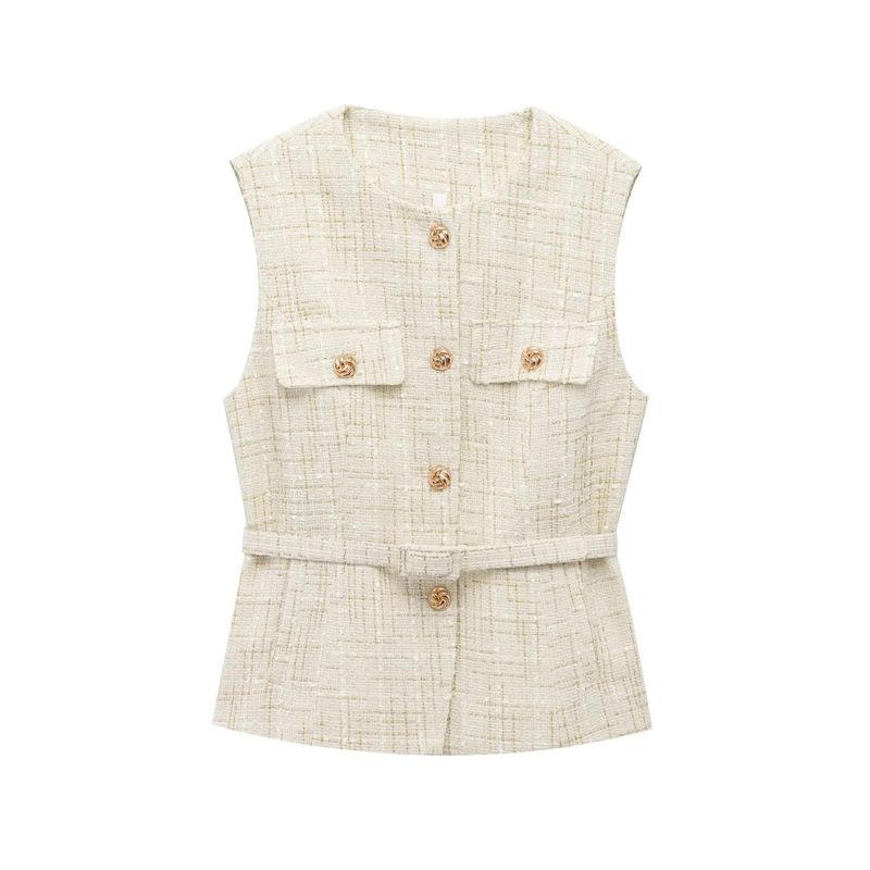 Autumn and Winter New Fashion Slim fit round Neck Sleeveless With Belt Beads Decoration Breasted Texture Vest 9298725