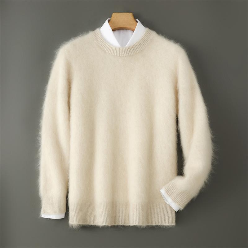 Men s Thick Plush Wool Sweater - Round Neck Solid Color for Young Business XXL