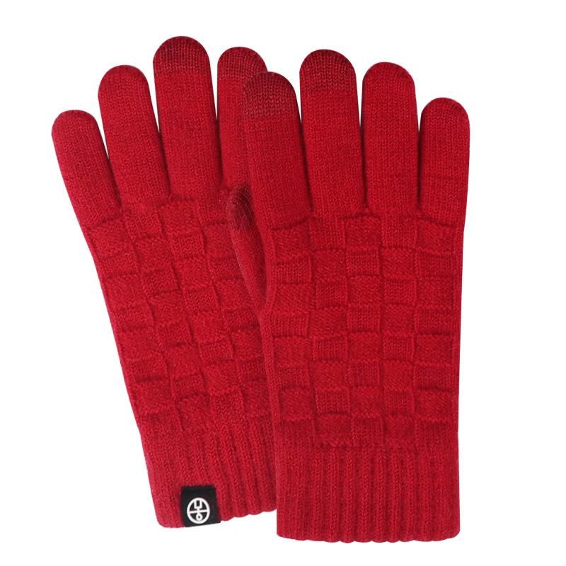 Autumn and winter wool gloves checkered thickened velvet jacquard large size cold-proof cycling warm gloves