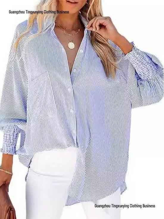 Striped Long-Sleeve Loose Casual Women's Pocket Shirt