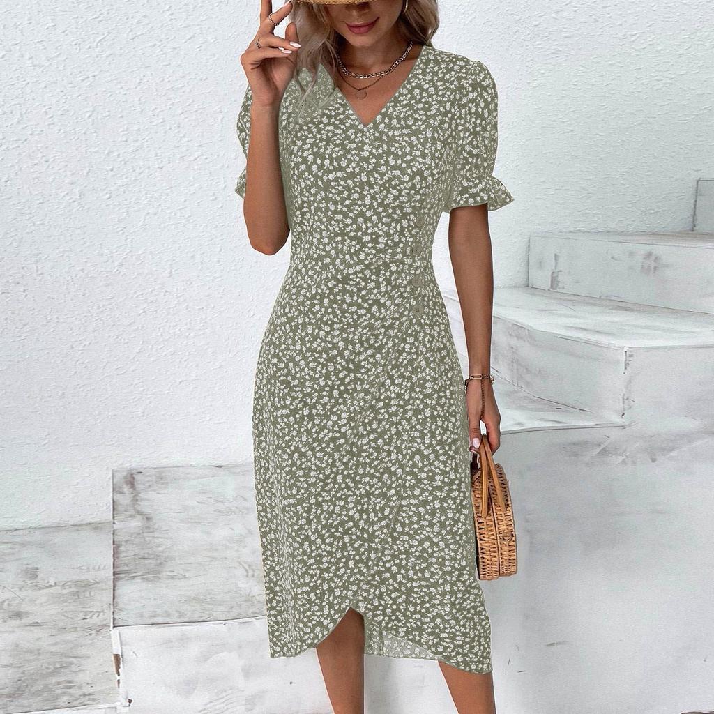 Damen Sommer Freizeitkleid V-Ausschnitt A-Linie Boho Kleines Blumenmuster Ärmel Wickel Saum Kleid