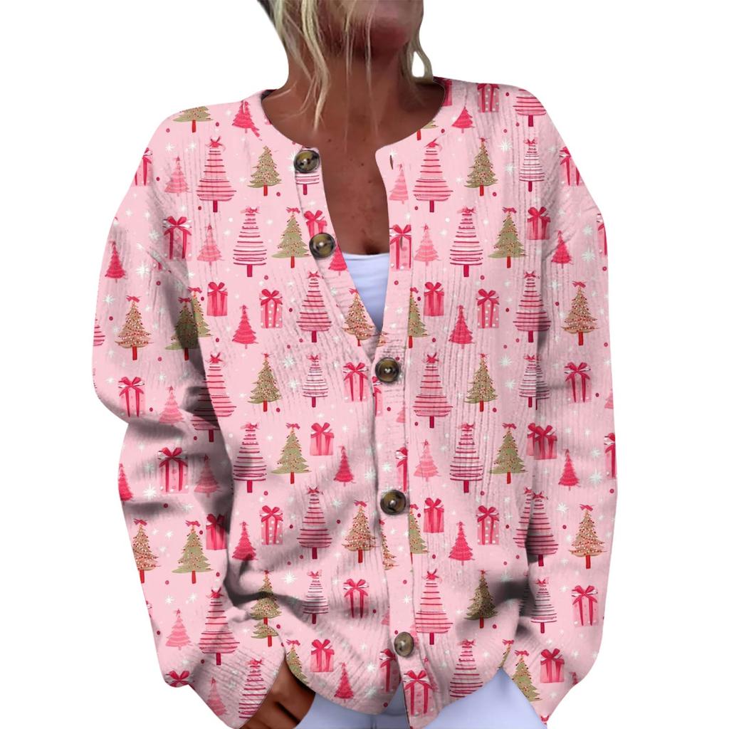 Women's Fashion Christmas Printed Long Sleeve Knitted Cardigan Button Down Jacket