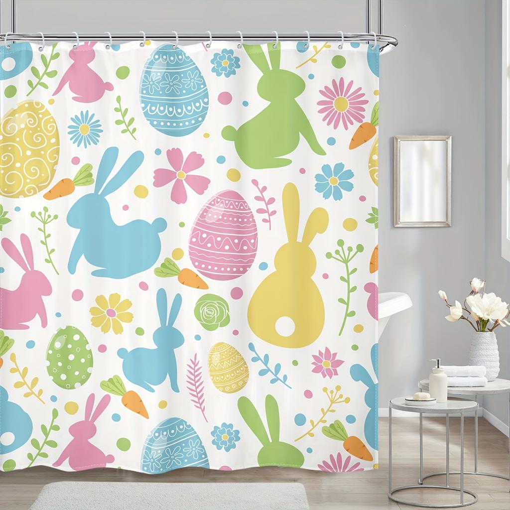 1Pc Shower Curtain - Vibrant Easter Design With Bunnies, Eggs, And Flowers For A Festive Bathroom Waterproof
