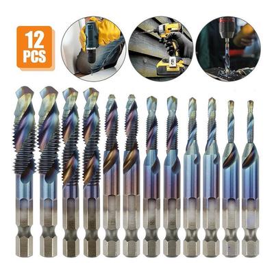 12PCS 1/4" HSS Hex Shank Titanium Plated Screw Thread Drill Bits Set M3 - M10