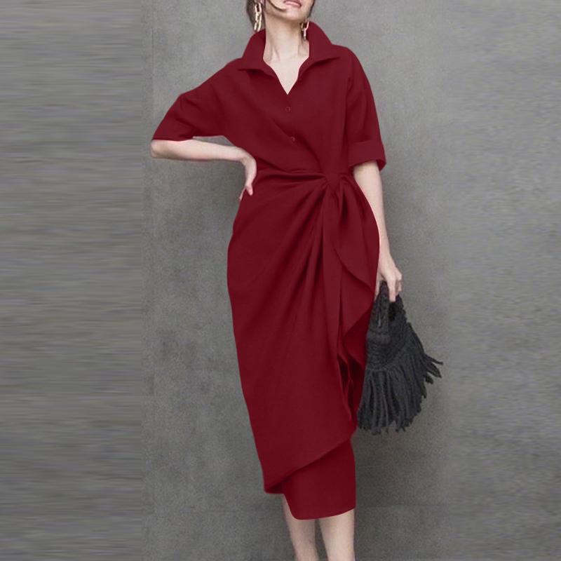 ZANZEA Women Classic Collar Summer Casual Half Sleeve Sheath Dress