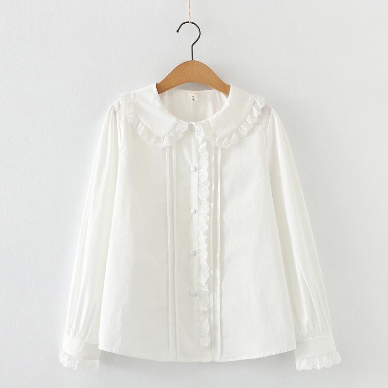 

Весна Осень Хлопковые Рубашки Женские Однотонные Милые Топы Воротник Длинный Рукав Шикарные Кружевные Блузки XS белый