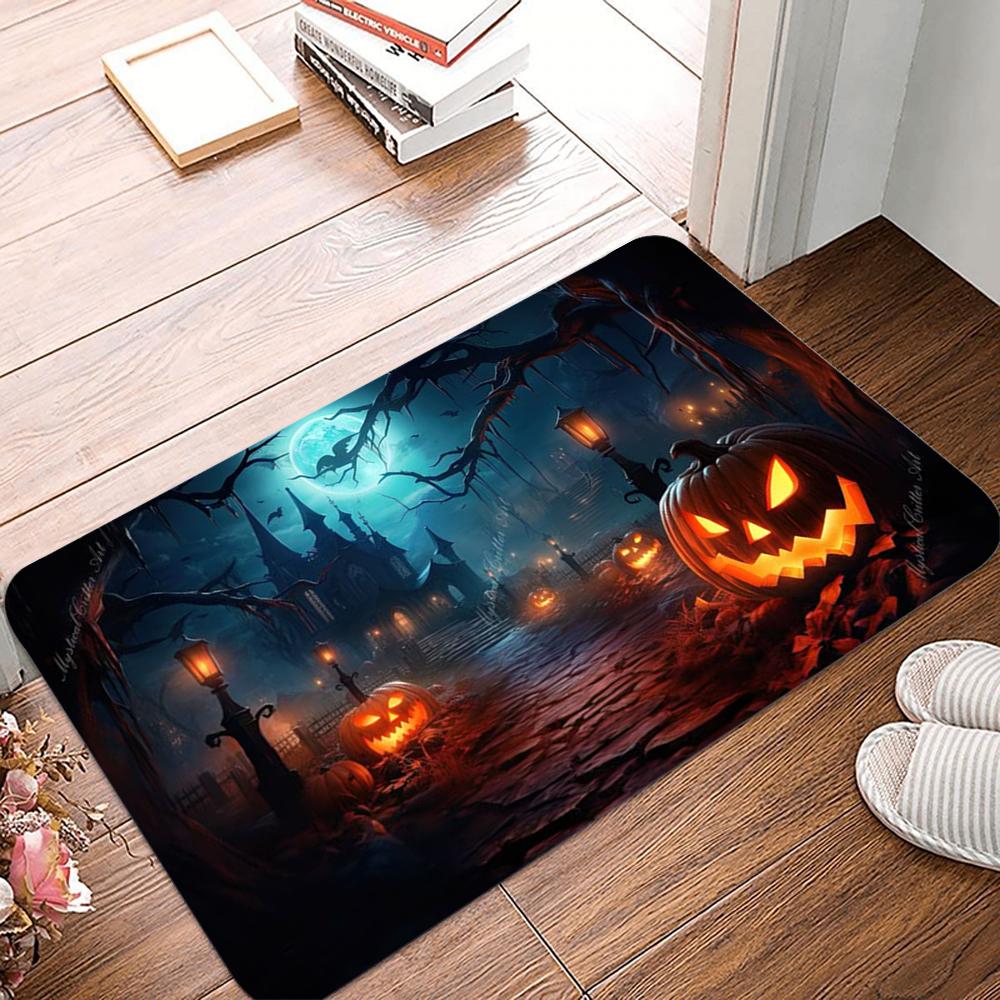 Halloween Pattern Door Mat Vivid Pumpkin Moonlit Night Designs with Bats and Spooky Trees NonSlip Floor Mat for Home Decor