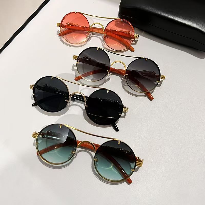 New Retro Imitation Wood Grain Women Sunglasses Men'S Round Travel Sun Glasses Women'S Fashion Trend Uv Protection Glasses