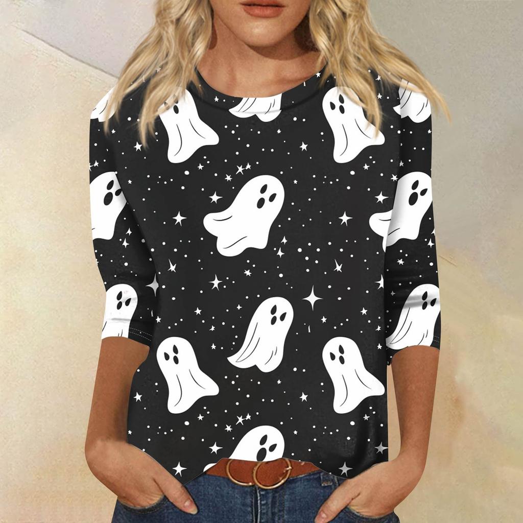 Dámské módní ležérní tričko s tříčtvrtečním rukávem a halloweenským potiskem, s kulatým výstřihem