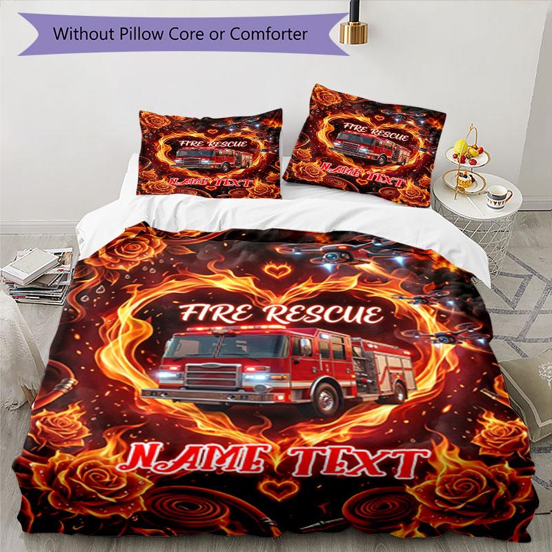 3PC Custom Name Fire Rescue Roses Bedding Set Duvet Cover Closure Includes 1 Duvet Cover & 2 Pillowcases for Bedroom