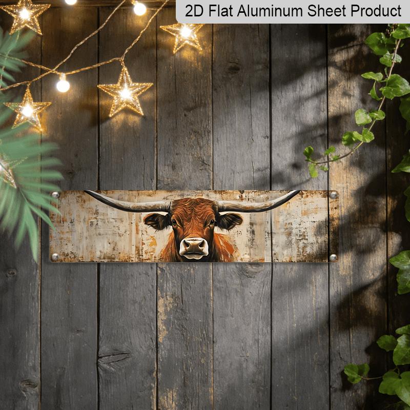 2D Flach - Retro Longhorn Metallwandschild - Langlebiges Westliches Ranch Aluminium Dekoratives Schild, 3,93 x 15,74 Zoll, Bauernhaus Stil Büro Zuhause Hängend
