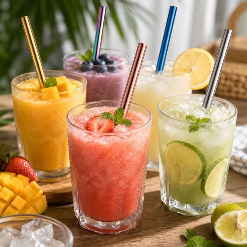 Wide Opening Cup Tubes, Seven Count 304 Steel Beverage Tube Set for Fruit Beverage Cups, Counter Corners and Casual Household Serving