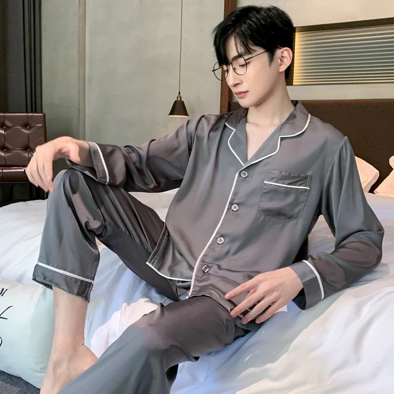 Satin Thin Ice Silk Pajamas Men's Spring and Autumn High-end Men's Imitation Silk Four-season Long-sleeved Loungewear Suit