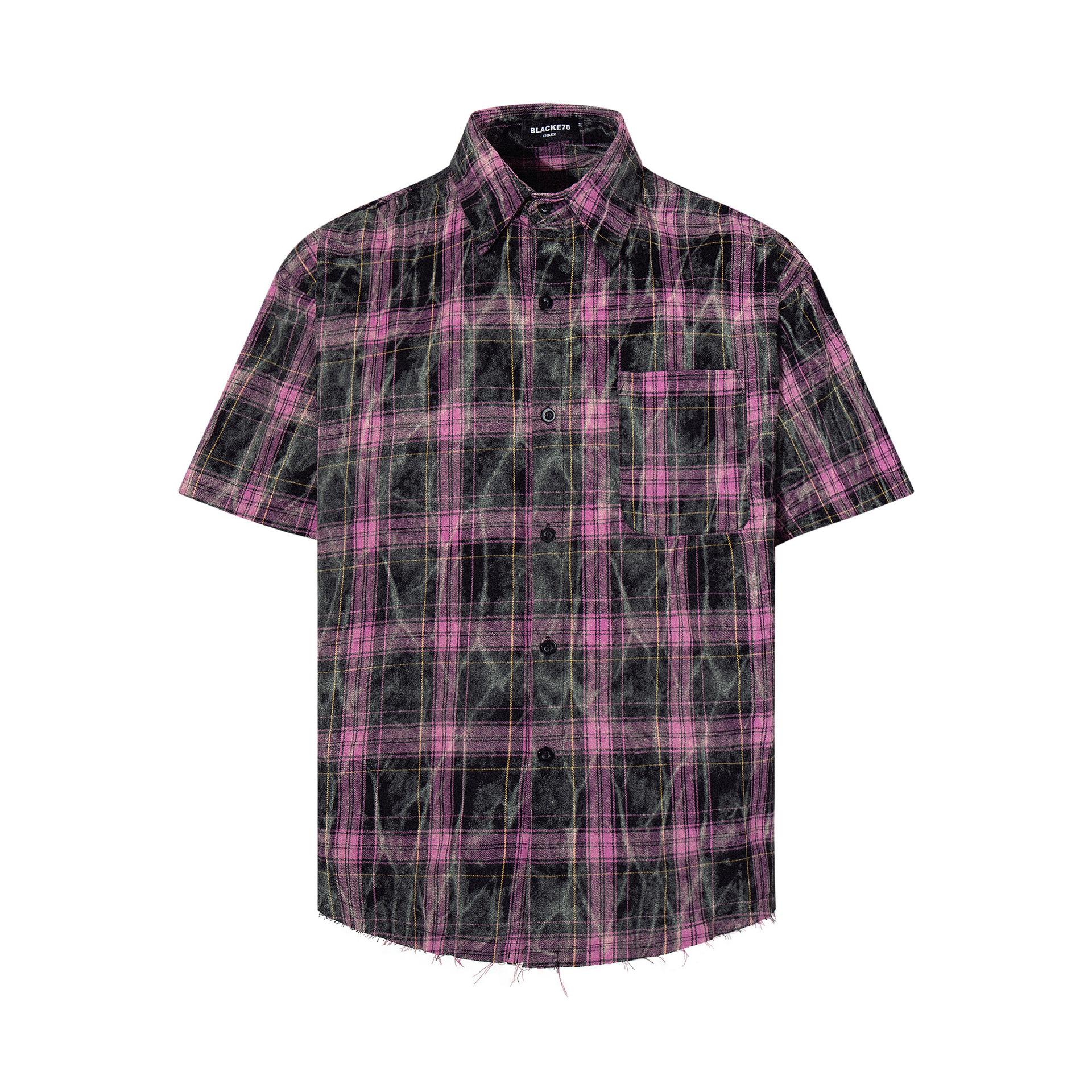Summer short-sleeved shirt bf American street ins tide wash tie-dye plaid shirt men M