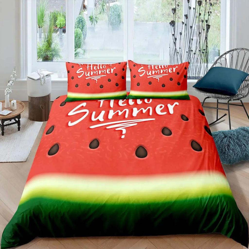 3D Print Watermelon Duvet Cover Summer Black And Green Stripes Fruit Bedding Set Girly Watercolor 2-3Pcs Polyester Quilt Cover