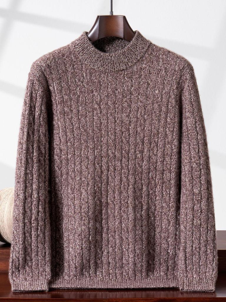 Men's Cashmere Yarn Half-High Collar Cable Knit Loose Casual Sweater - Thick, Warm, Long Sleeve for Winter