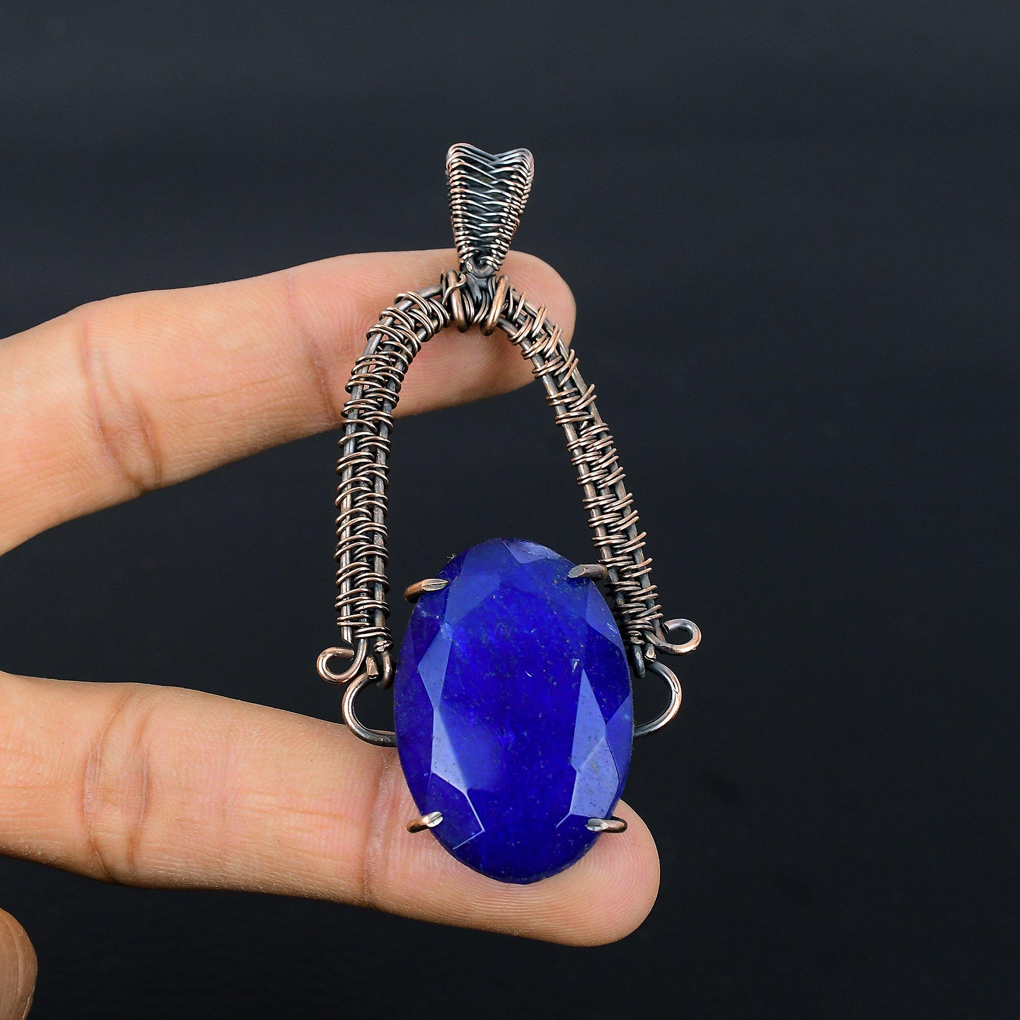 

Кулон с синим сапфиром, Кулон с драгоценным камнем ручной работы, Кулон, обернутый медной проволокой 999 пробы, Антикварное украшение, Для подарка на помолвку 2.55 Inches