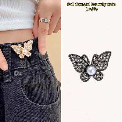 2Pcs Shiny Diamond Butterfly Shape Adjustable Waist Buckle Jean Buttons Reusable Waist Cincher Clip For Clothing Dresses