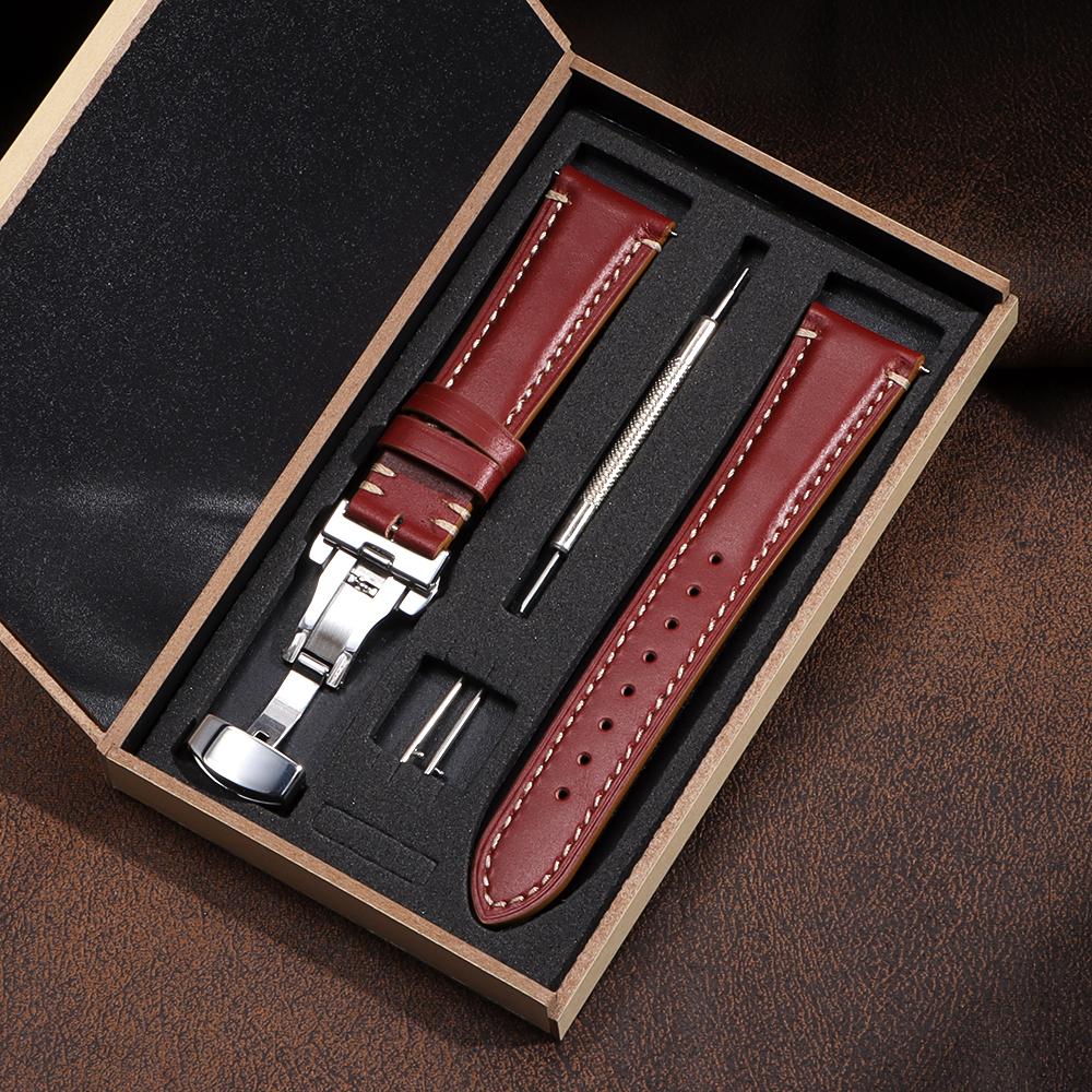 Vintage Calfskin Watch Strap 20mm 22mm 24mm Handmade Stitching Cowhide Watchband Stainless Steel Butterfly Clasp Bands with Box