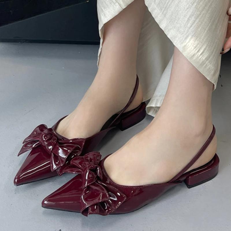 Designer Bowknot Flat Sandals Women Sexy Pointed Toe Backless Square Heel Dress Shoes New Fashion Party Back Strap Brand Pumps