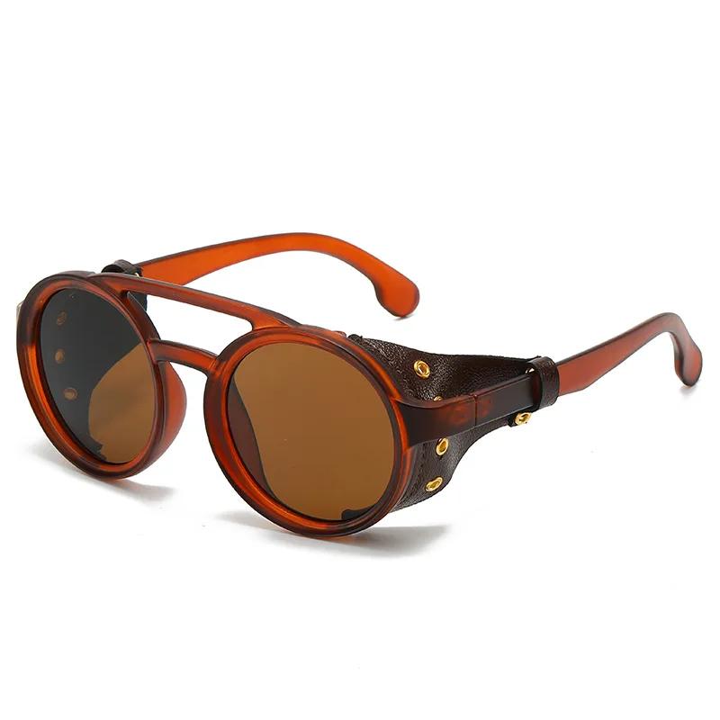 Retro Steampunk Sunglasses for Men Women Leather Round Vintage Goggles Anti Wind UV400 Outdoor Sports Sun Glasses