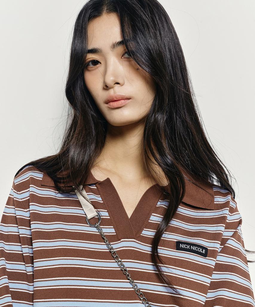 Nigaennikol Multi Stripe V-Neck Collar Knit_Brown