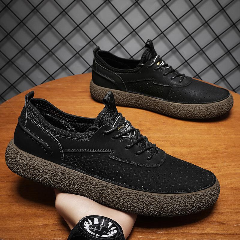 Hot-selling board shoes men's summer new leather hollow breathable flat bottom non-slip one-pedal men's casual shoes