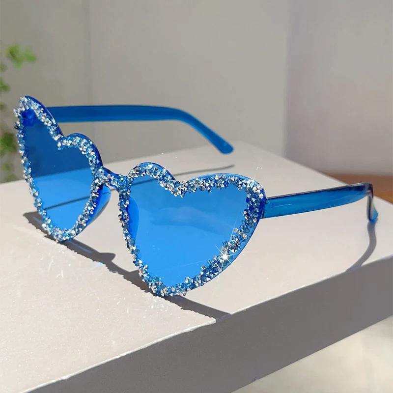 KAMMPT Heart Shaped Sunglasses with Rhinestones Women Stylish Candy Color Beach Rave Shades Trendy Sweet Handmade Sun Glasses