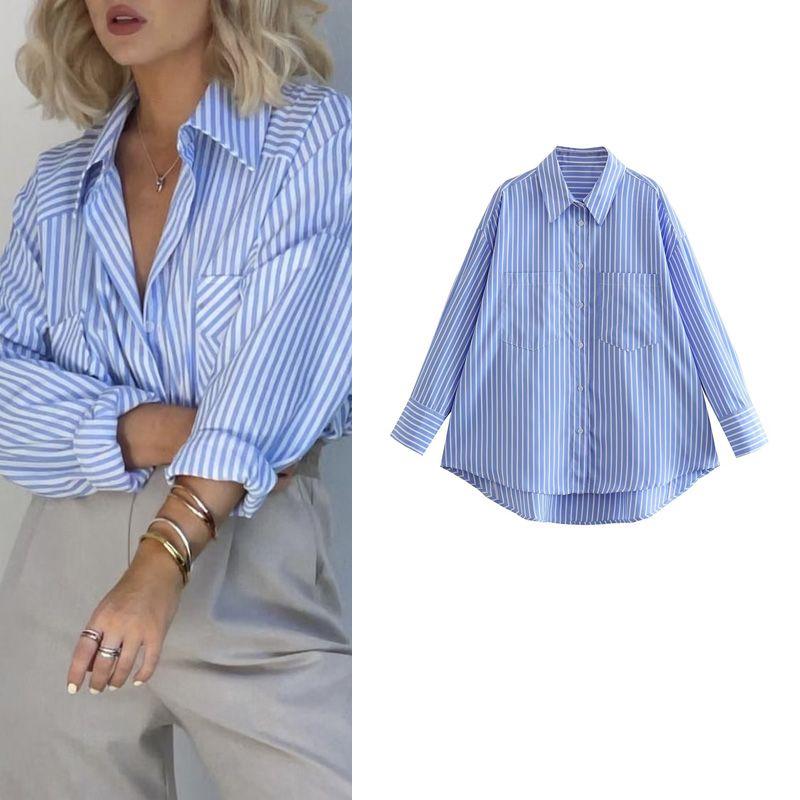 Spring New Arrival Women's Clothing Long Sleeves Lapel Versatile Casual Loose Inner Wear Bandage Dress Tops Blue and White Stripes Shirt