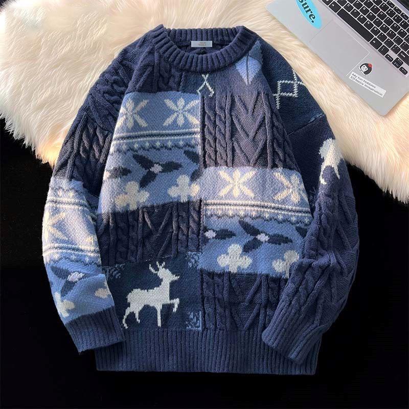 

Мужской зимний жаккардовый свитер Гочао – Толстый, Модный, Ретро, Теплый, Свободного кроя, Рождественская верхняя одежда. Medium синий