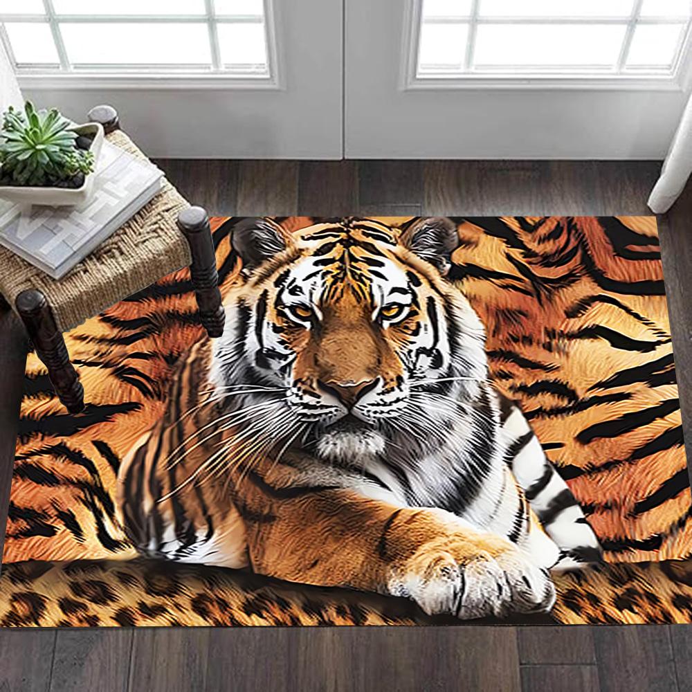 White Tiger Print Rug Decoration,Carpet,Living Room,Bedroom, Non-slip,Square rug