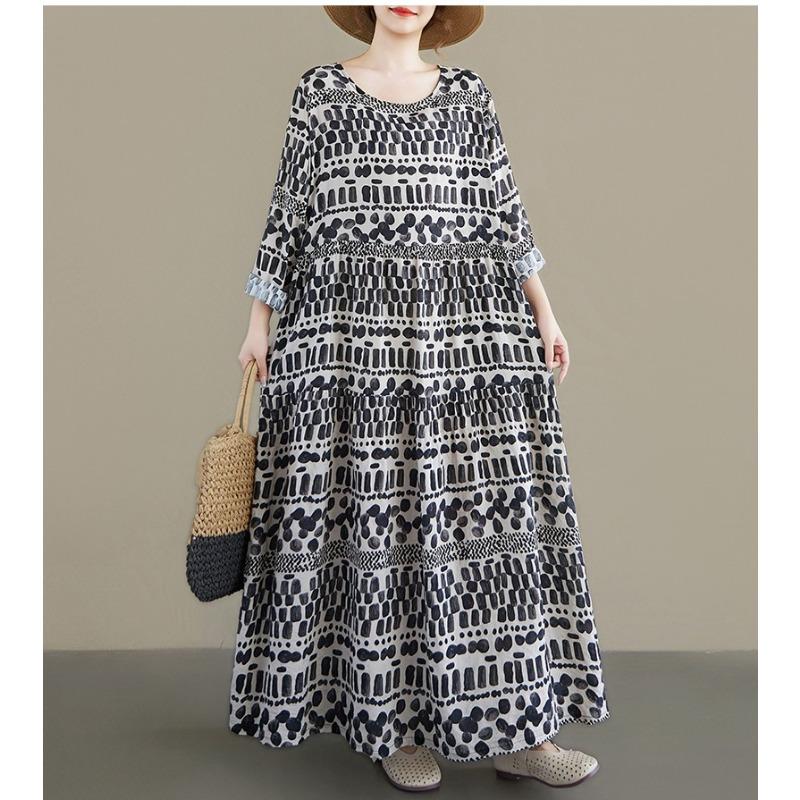 DIMANAF New 2026 Women Plus Size Spring Summer Beach Long Dress Lady Loose Oversize Maxi Floral Print Black Dresses