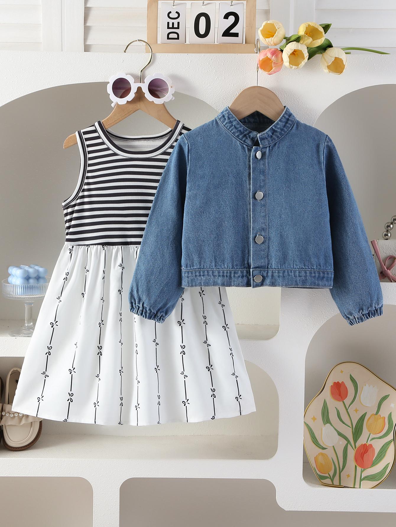 Girls  2-Piece Outfit: Cute  Stylish Denim Jacket with Bowknot Accents Paired with a Striped Patchwork DressSpring/Summer Collection 4Y разноцветный