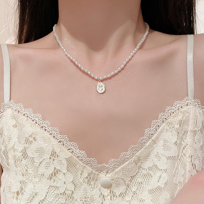 French Long Stacked Colored Pearl Necklace, Simple Temperament Collarbone Chain, Retro Necklace for Women