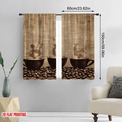 2pcs,2D Plane Printing Popular Curtain Panels Coffee Trio Steam 100% Polyester (without Rod) Festive for Living Room, Bedroom,