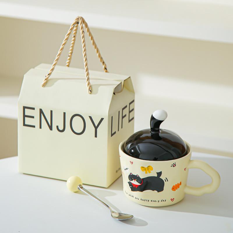 Fun Kitten Mug with Lid Office Cute Ins Ceramic Water Cup Personalized Creative Gift Cup