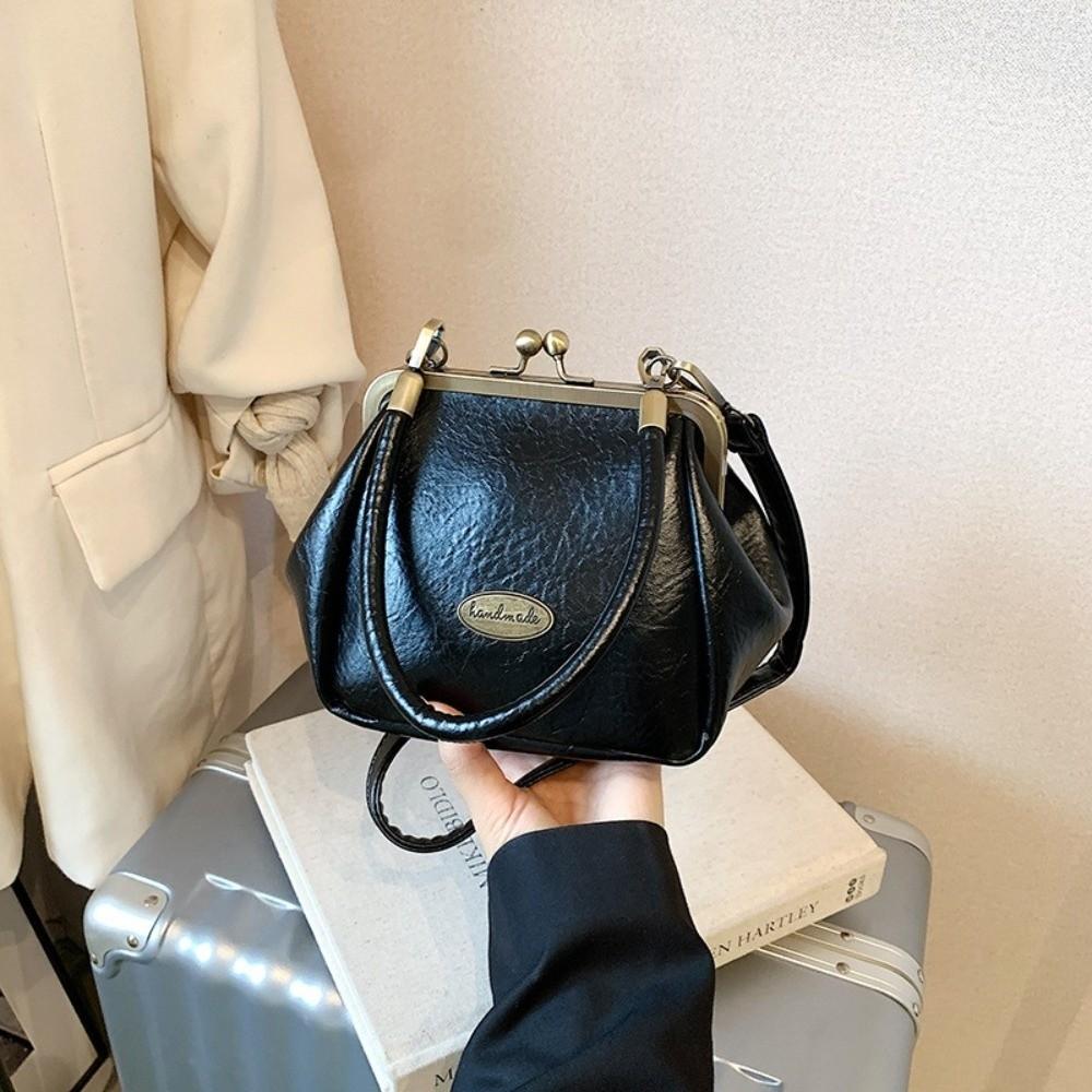 Vintage Kiss Lock Crossbody Bag PU Leather Solid Color Small Handbag Large Capacity Shoulder Bag